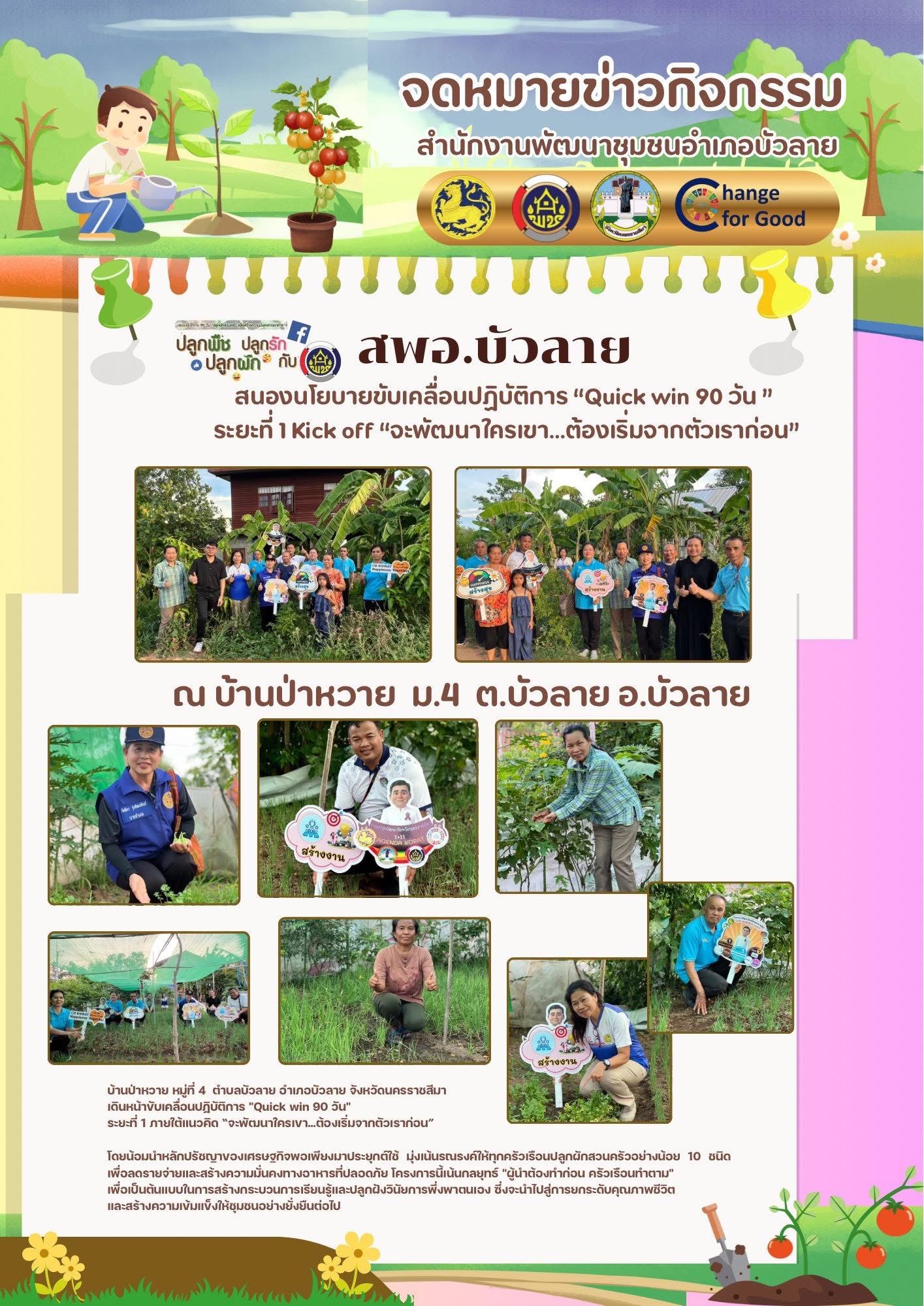 สพอ.บัวลาย เดินหน้าสร้างการรับรู้ ชูโมเดล "บ้านป่าหวาย" ตำบลบัวลาย อำเภอบัวลาย ขับเคลื่อน Quick win 90 วัน สู่ความมั่นคงทางอาหารอย่างยั่งยืน