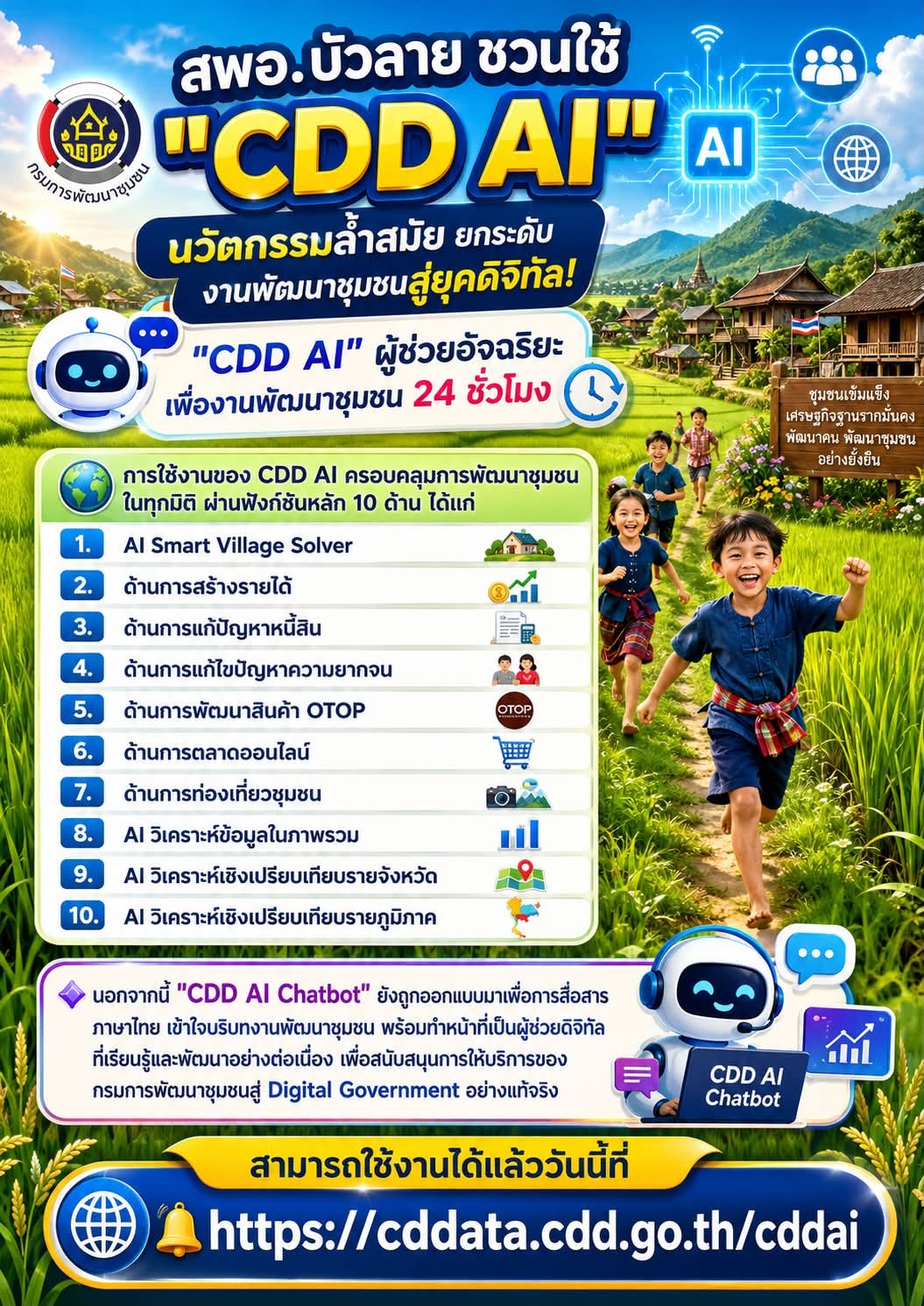 สพอ.บัวลาย ชวนใช้ "CDD AI" นวัตกรรมล้ำสมัย ยกระดับงานพัฒนาชุมชนสู่ยุคดิจิทัล! "CDD AI" ผู้ช่วยอัจฉริยะ เพื่องานพัฒนาชุมชน 24 ชั่วโมง
